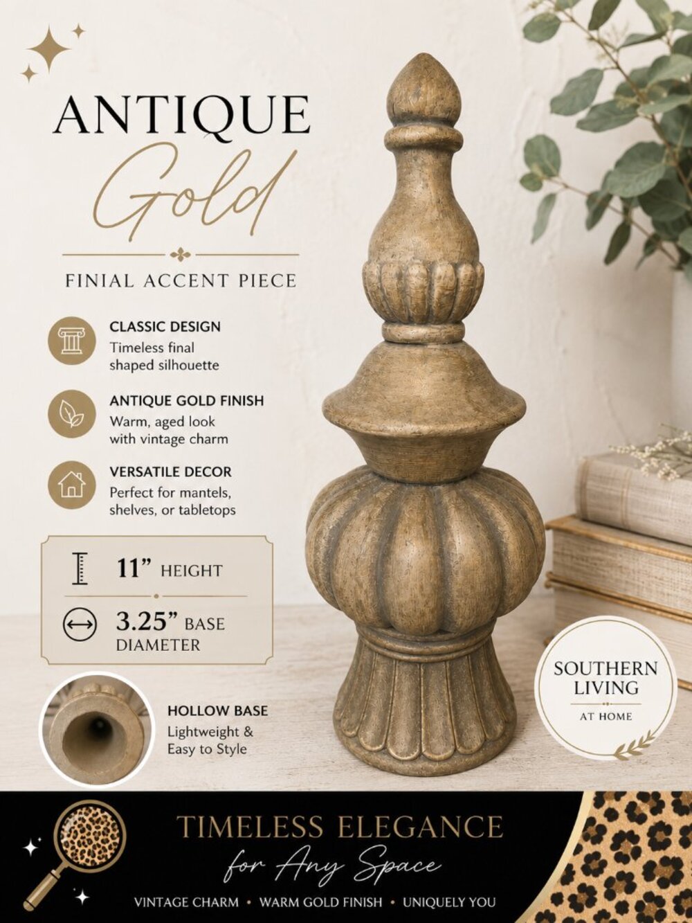 Southern Living At Home Antique Gold Decorative Finial | 11" Sculptural Accent
